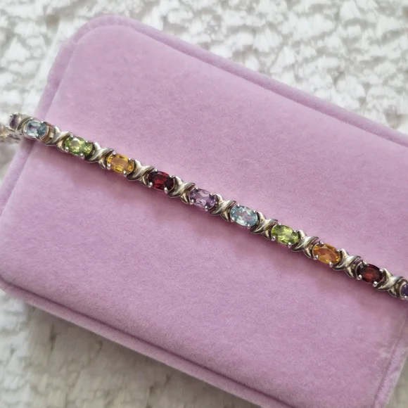 Vintage Sterling Silver XO Multi-Color Gemstone Tennis Bracelet - Picture 5 of 12